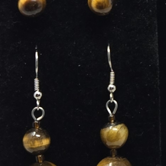 Vintage Tiger Eyes Necklace-2 Pairs of Pierced Earrings Fashionable Brown Swirls - Picture 10 of 11